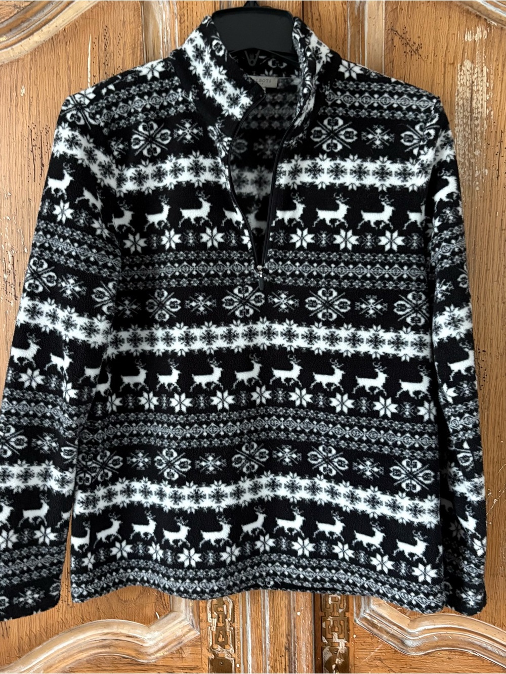 Talbots Black White Reindeer Fair Isle Fleece 1/4 Zip S